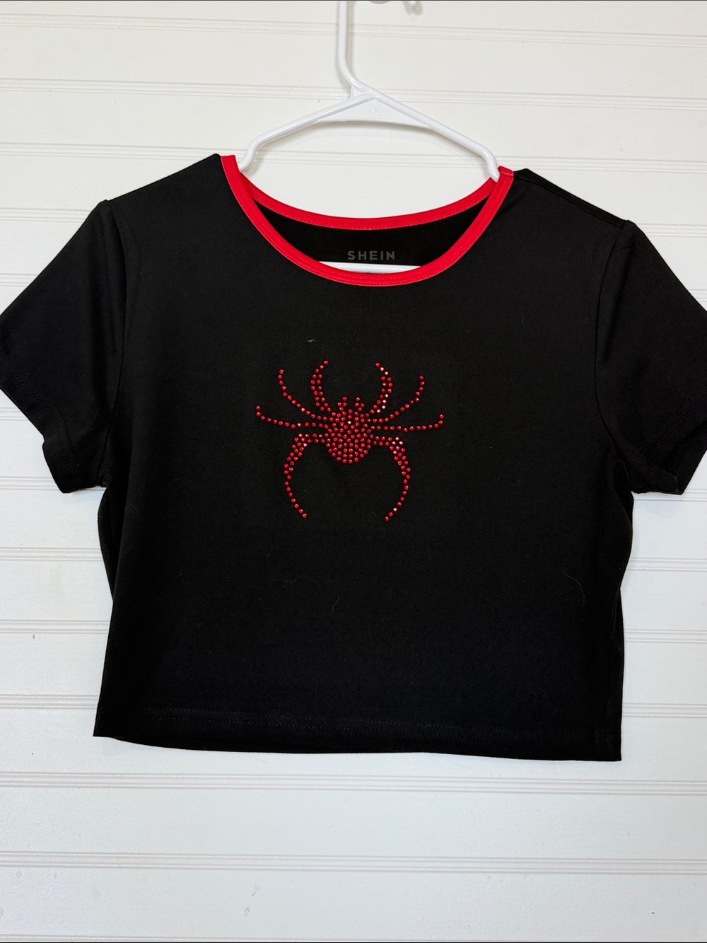 SHEIN Black Crop Tee with Red Rhinestone Spider and Red Trim